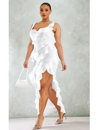 Plus White Satin Frill Layered Midaxi Dress - 1