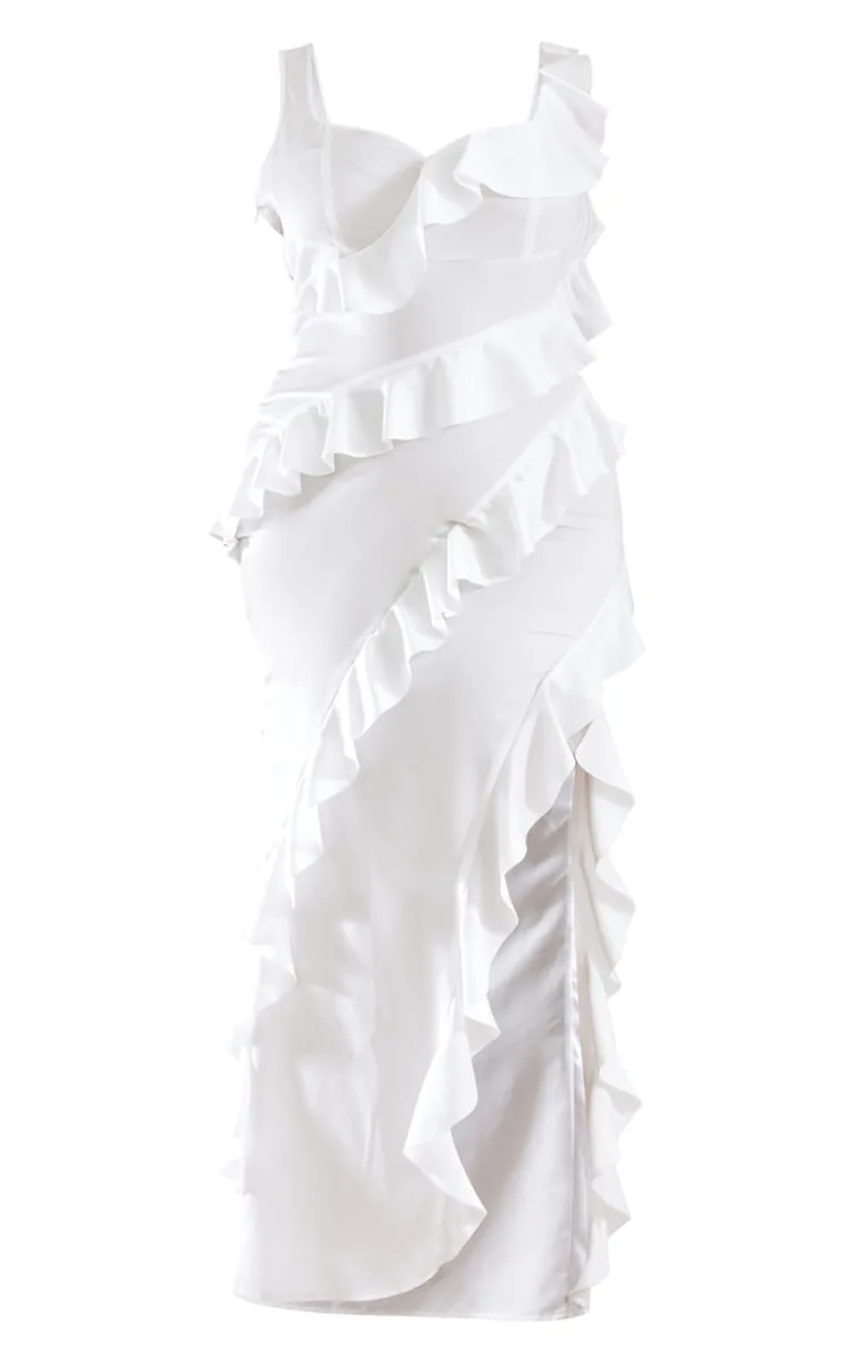 Plus White Satin Frill Layered Midaxi Dress - 4