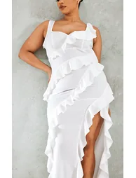 Plus White Satin Frill Layered Midaxi Dress - 3