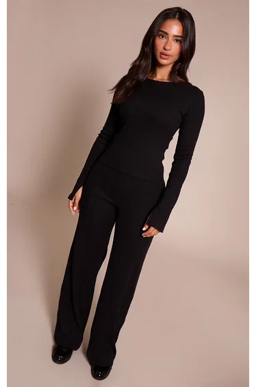 Petite Black Seam Detail Wide Leg Trousers