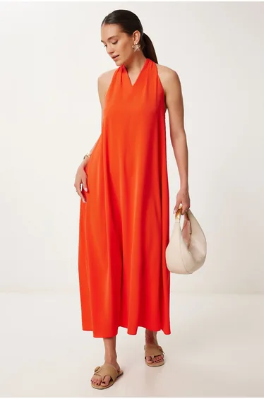 Women Orange Halter Neck Draped Long Stylish Dress