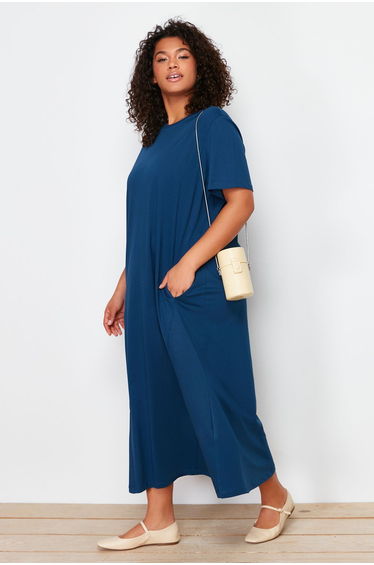 Navy Blue Midi Knitted T-shirt Dress