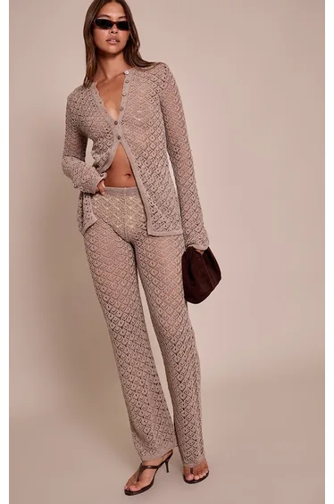 Taupe Crochet Knit Trousers