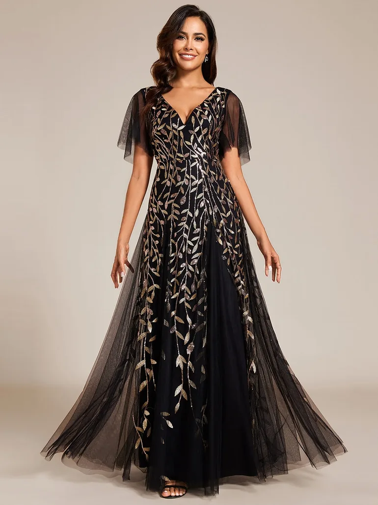 Deep V Neck Sequin Evening Gown With Short Sleeves - 2
