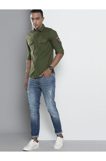 Men Green Slim Fit Solid Shirt