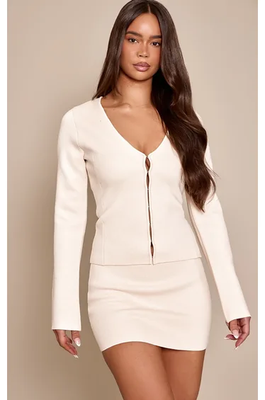 Cream V Neck Cinched Compact Knit Cardigan