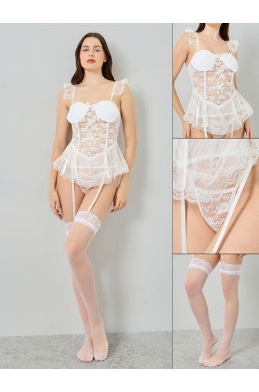 Pack of 2 - Lace Panel Ruffle Bodysuit and Stockings