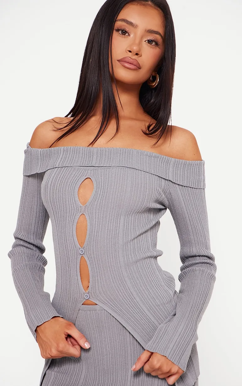Petite Grey Rib Knit Bardot Long Sleeve Top - 1