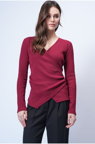 Women's Burgundy Double-Breasted Cut Drape Detail Blouse