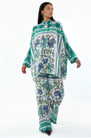 MSN Patterned V-Neck Blouse And Wide-Leg Trousers Set