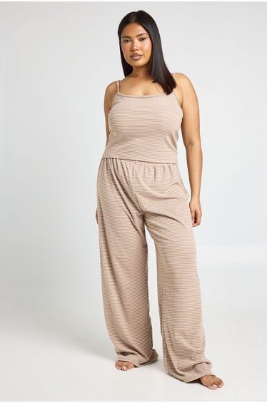 Plus Soft Rib Stripe Cami & Trouser Pyjama Set - mocha