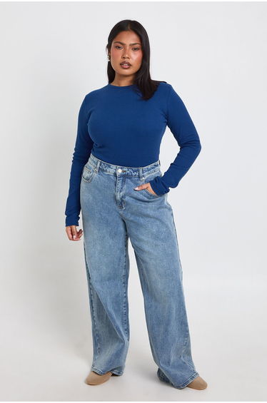 Plus Basic Rib Long Sleeve Fitted Longline Top - navy