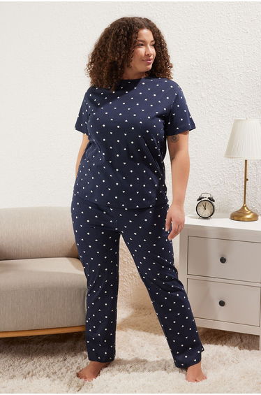 Navy Blue Heart Patterned Knitted Pajama Set