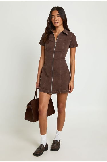 Short Sleeve Zip Front Denim Dress - chocolate