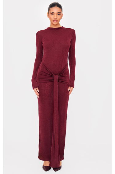 Burgundy Slinky Wrap Maxi Dress