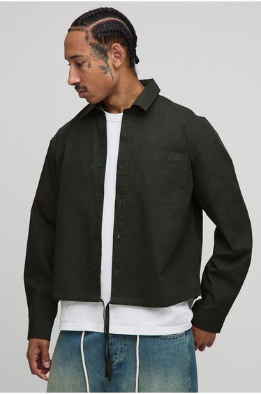 Long Sleeve Embroidered Boxy Oversized Bungee Hem Poplin Shirt