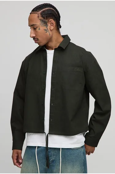 Long Sleeve Embroidered Boxy Oversized Bungee Hem Poplin Shirt