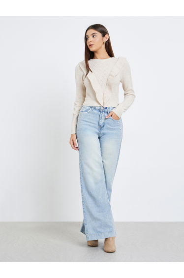 Beige Cable Knit Sweater with Ruffle Detail
