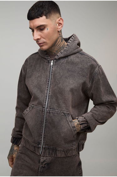 Tall Washed Denim Zip Up Hoodie - mocha