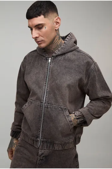 Tall Washed Denim Zip Up Hoodie - mocha