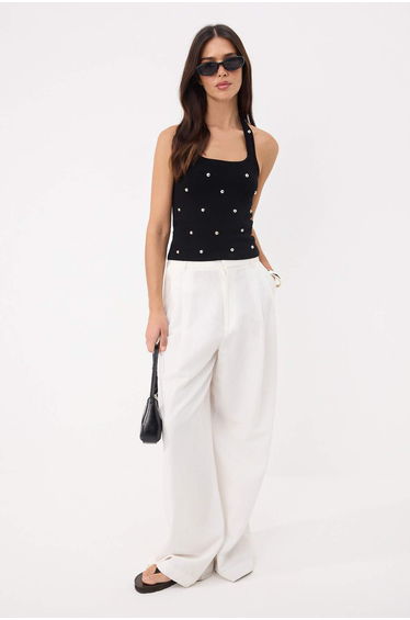 Black Pool Collar Bodycon Crop Jewel Detailed Knitwear Slim Blouse