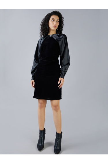 Embellished Satin Reglan Sleeve Knee-Length Dress