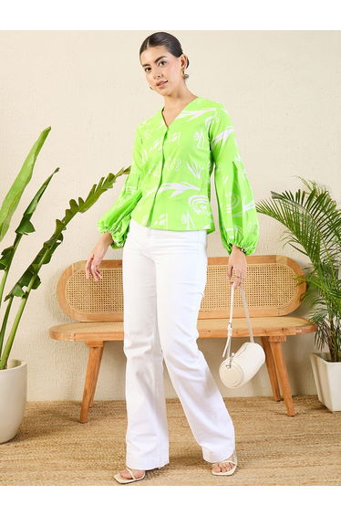 Green Printed Shirt with Balloon Sleeves