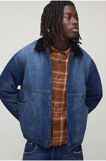 Oversized Boxy Washed Panelled Denim Jacket - indigo