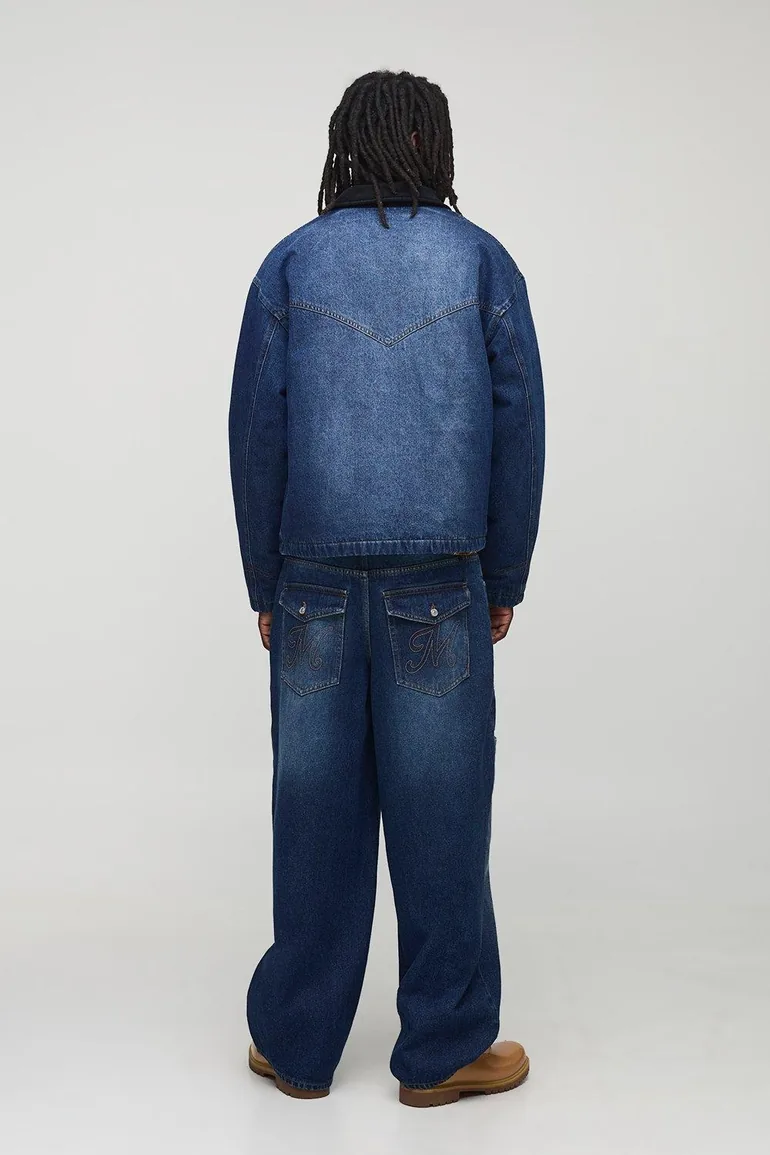 Oversized Boxy Washed Panelled Denim Jacket - indigo - 1