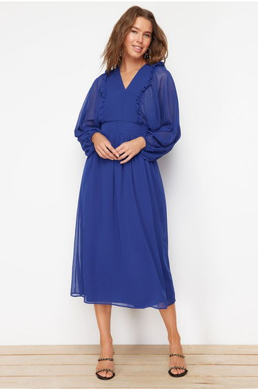 Saxe Blue Minimal Patterned Chiffon Lined Woven Dress
