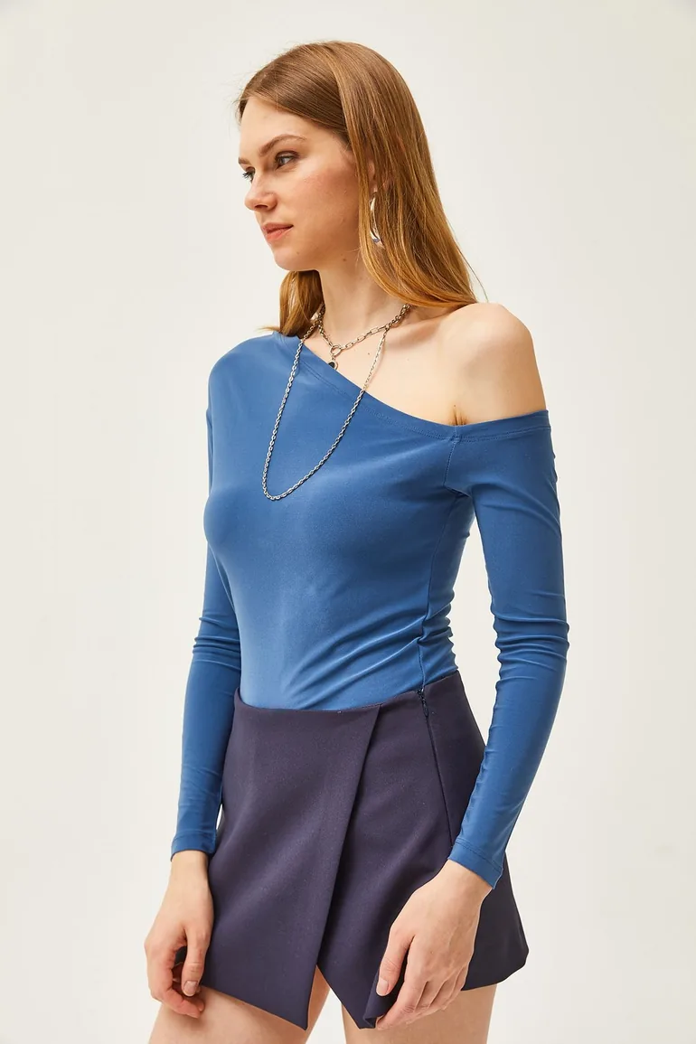 Women's Indigo Asymmetric Collar Lycra Sandy Blouse - 3