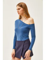 Women's Indigo Asymmetric Collar Lycra Sandy Blouse - 3