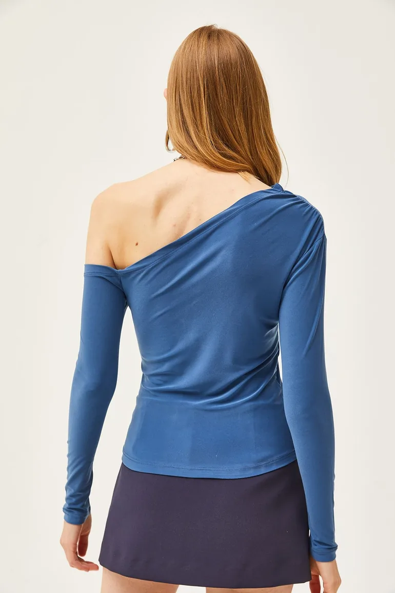 Women's Indigo Asymmetric Collar Lycra Sandy Blouse - 4