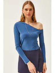 Women's Indigo Asymmetric Collar Lycra Sandy Blouse - 1