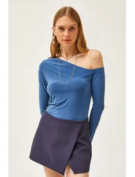 Women's Indigo Asymmetric Collar Lycra Sandy Blouse - 2