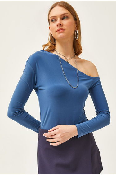 Women's Indigo Asymmetric Collar Lycra Sandy Blouse