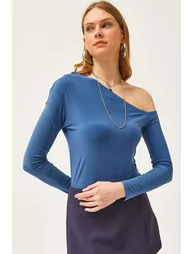 Women's Indigo Asymmetric Collar Lycra Sandy Blouse