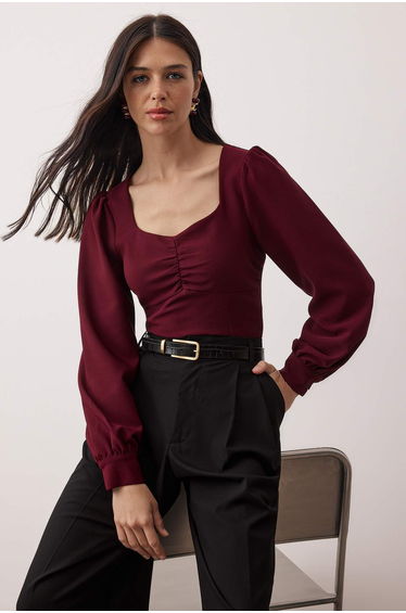 Burgundy gathered detail woven top