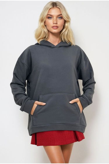 Women's Anthracite Hooded Kangaroo Pocket 3 Thread Thick Sweatshirt
