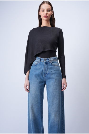 Women's Black Single Sleeve Fixed Shawl Design Knitted Crop Blouse