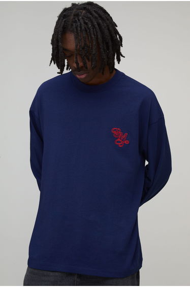 Oversized Heavyweight BM Embroidered Long Flute Sleeve T-Shirt - navy
