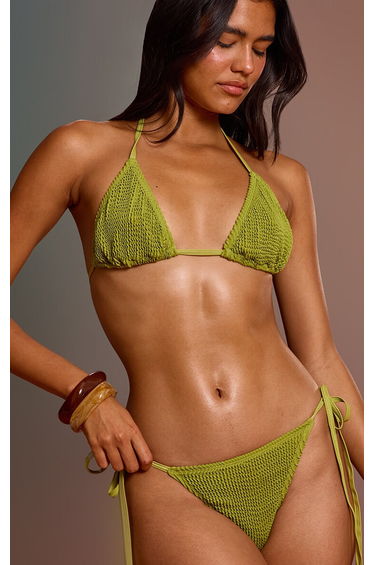 Olive Crinkle Double Tie Side Bikini Bottoms