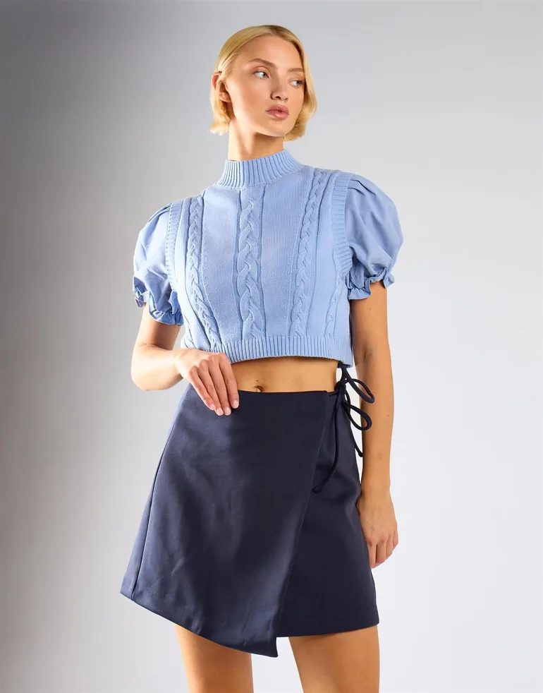 Navy Wrap Mini Skirt - 1