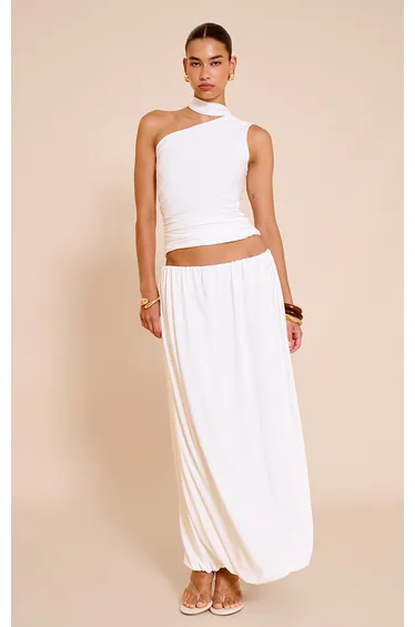 Cream Double Slinky Bubble Hem Midi Skirt