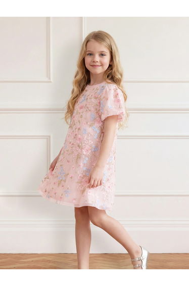 Needle & Thread Girls Peony Bouquet Puff Sleeve Dress in Pink