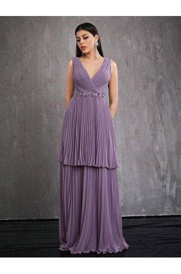 Leely Elegant Deep V Neck Sleeveless Evening Gown