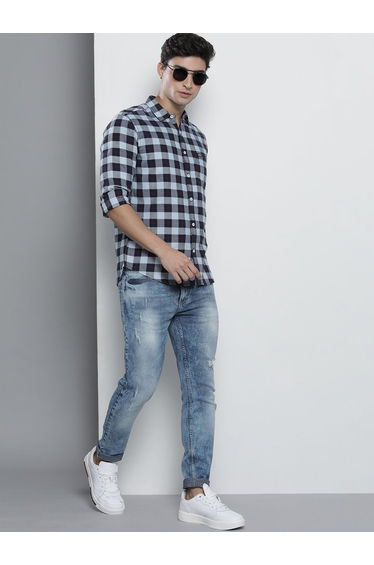 Men Navy Blue Checked Spread Collar Shirt