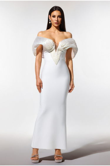 Sharina Off-The-Shoulder Pearl Bandage Maxi Dress