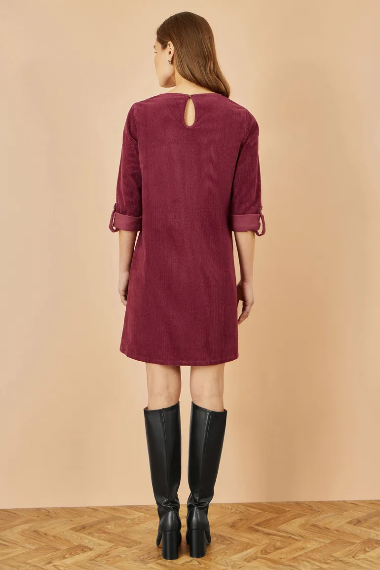 Yumi Burgundy Cord Tunic Dress With 3/4 Sleeves And Pockets - 2