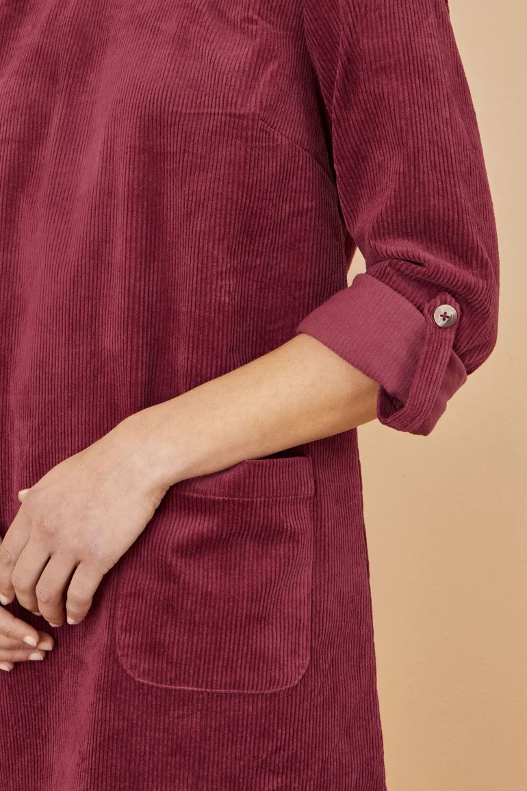 Yumi Burgundy Cord Tunic Dress With 3/4 Sleeves And Pockets - 3